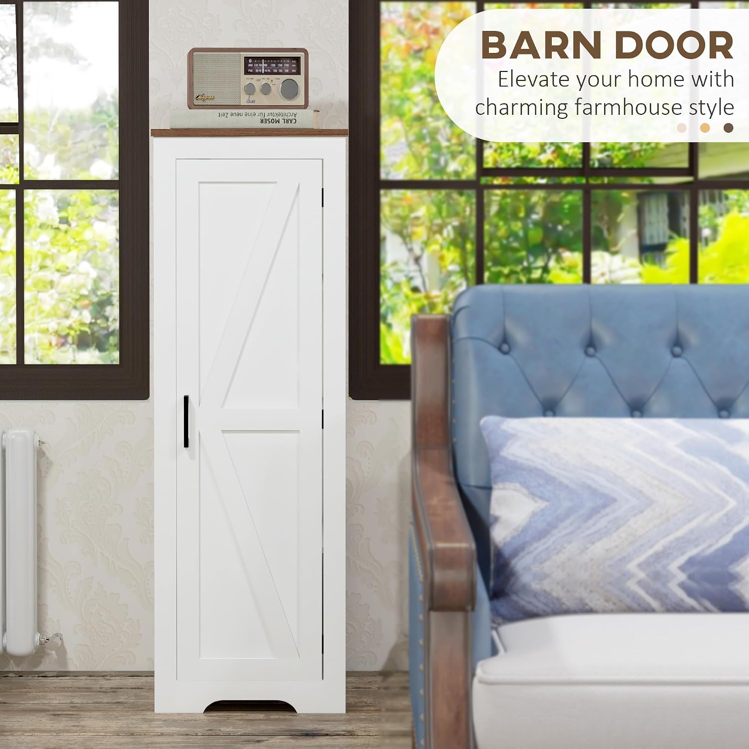 HOMCOM Farmhouse Storage Cabinet with Adjustable Shelf, Single Barn Door Small Bathroom Storage Cabinet for Living Room, Floor Pantry Cabinet, White