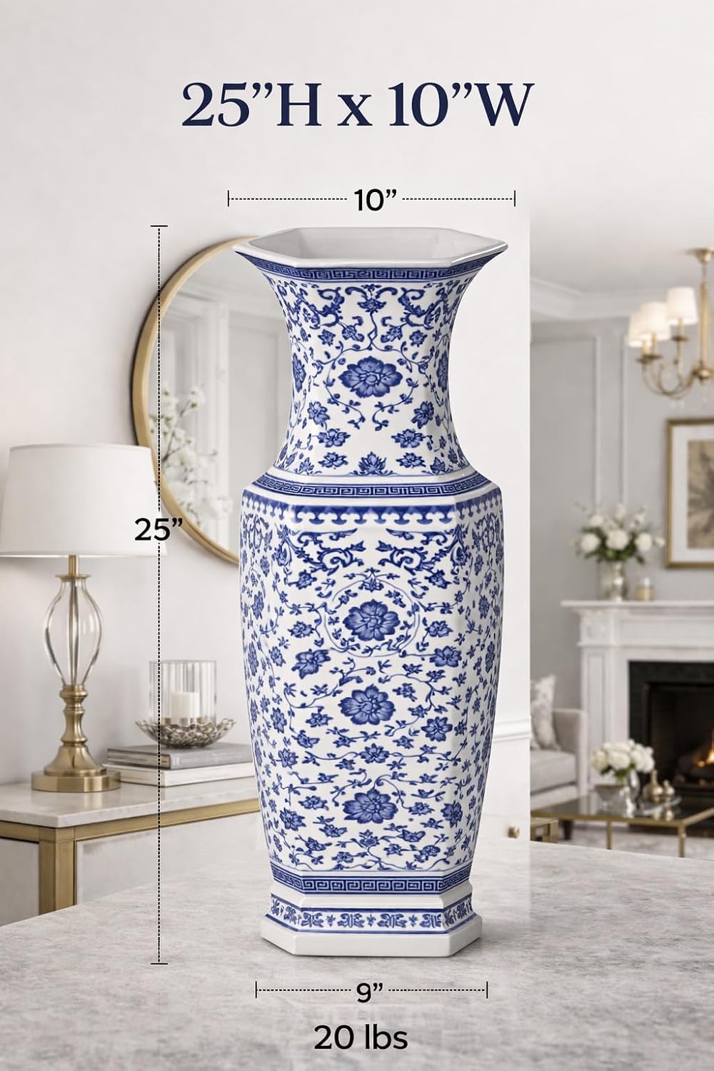 24' Classic Blue and White Hexagonal Lotus Porcelain Vase, Ceramic Vase Jingdezhen, China Qing Style （D8）