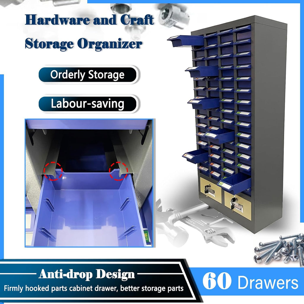 60 Drawers Part Cabinet Nut and Bolt Organizer Bolt Bin Cabinet Small Metal Parts Organizer Bolts Screw Storage with Two Lockable Large Drawers
