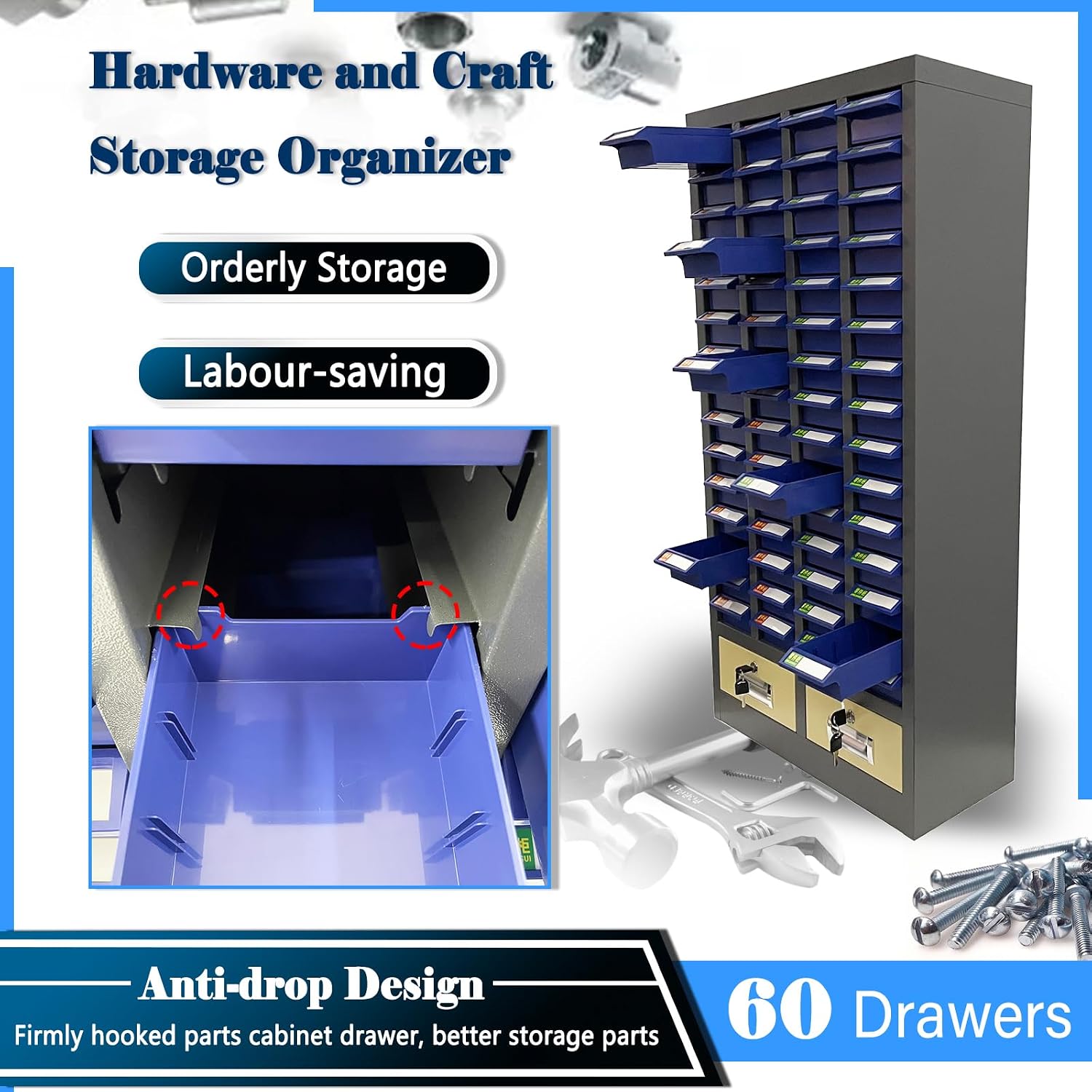 60 Drawers Part Cabinet Nut and Bolt Organizer Bolt Bin Cabinet Small Metal Parts Organizer Bolts Screw Storage with Two Lockable Large Drawers