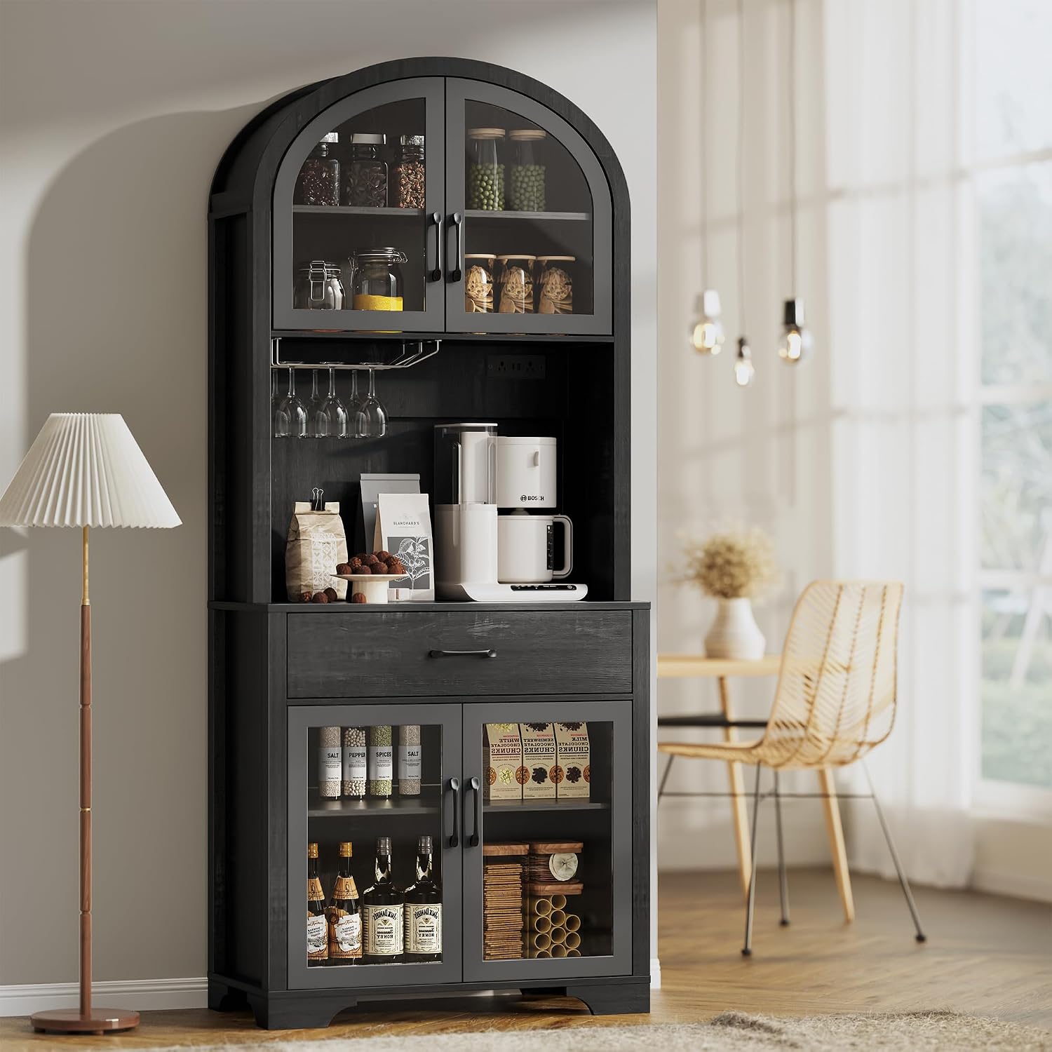 75' Tall Arched Pantry Cabinet with Charging Station & LED Light, Kitchen Pantry Cabinet with Microwave Stand, Drawers and Adjustable Shelf, Coffee Bar Liquor Cabinet for Dining Room