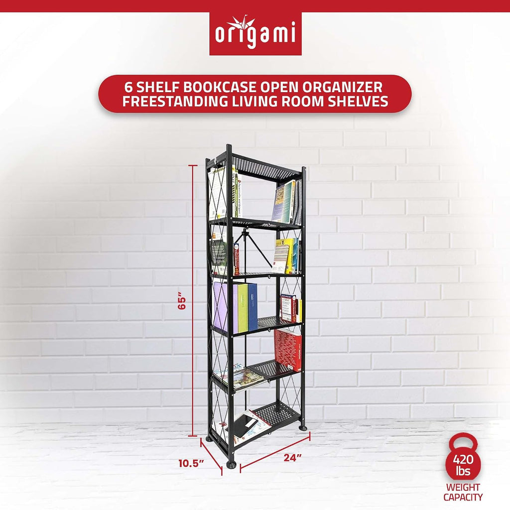 Origami 3-Pack RB Slim Bookcase Rack, 6-Tier Heavy-Duty Foldable Steel Bookshelf, Black