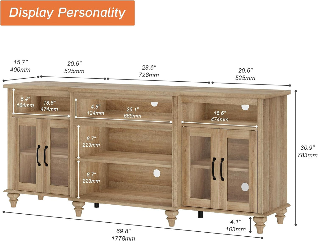 WAMAPT Buffet Cabinet with 4 Glass Doors, Large Coffee Bar Tables Wood Kitchen Storage Cabinets with 9 Storages, Modern Farmhouse Sideboard Credenza, Oak, 70 inch