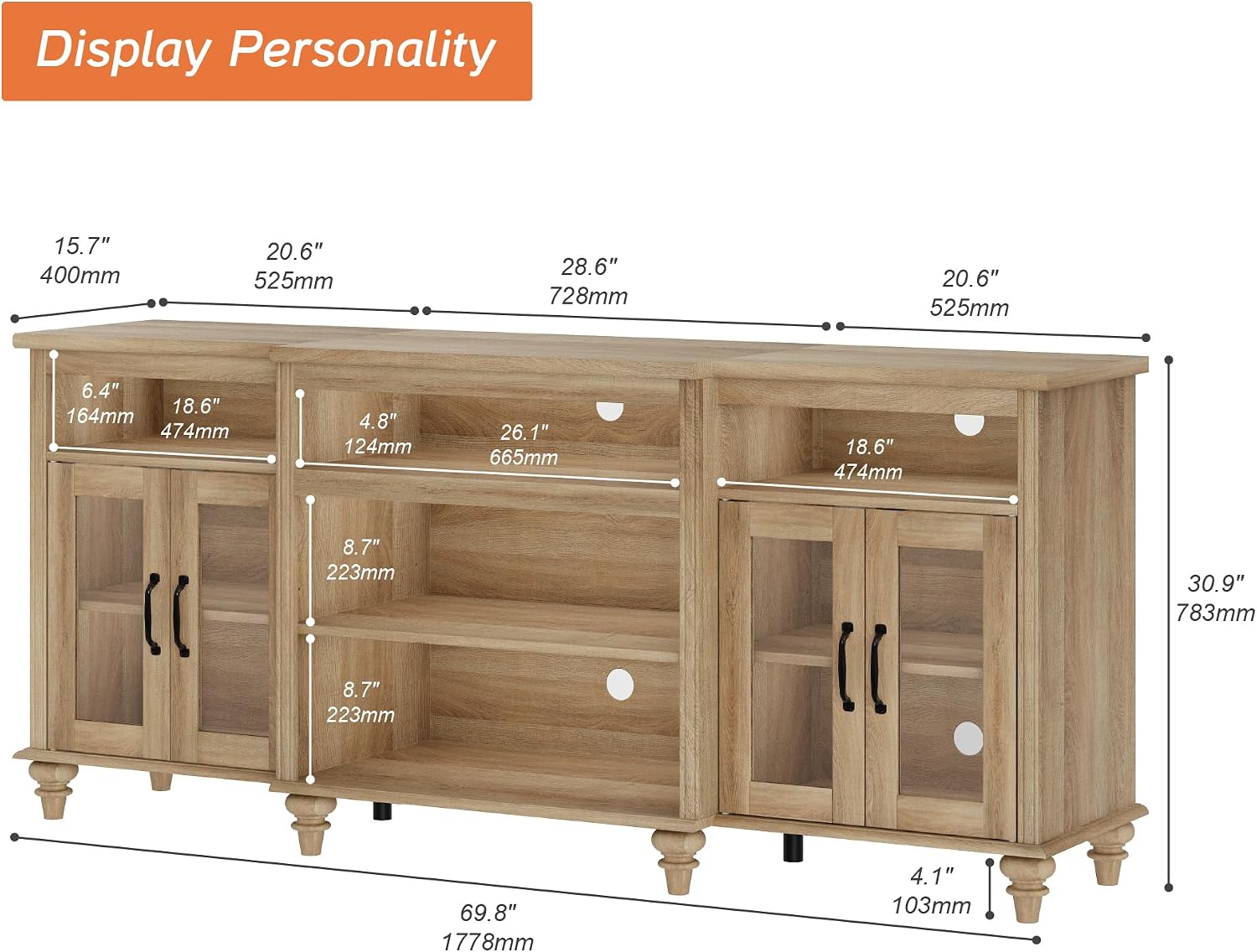 WAMAPT Buffet Cabinet with 4 Glass Doors, Large Coffee Bar Tables Wood Kitchen Storage Cabinets with 9 Storages, Modern Farmhouse Sideboard Credenza, Oak, 70 inch