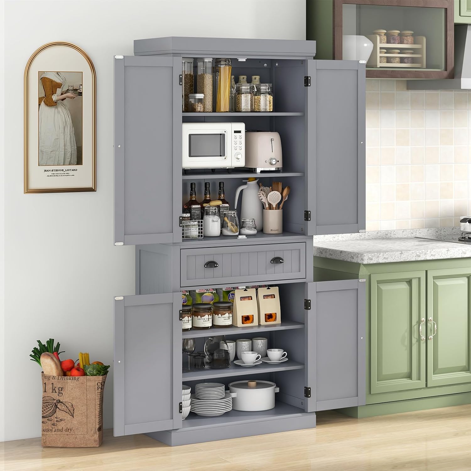Tangkula 72' H Kitchen Pantry Cupboard Cabinet, Traditional Freestanding Large Tall Storage Cabinet with 2 Cabinets and Drawer, Adjustable Shelves, for Living Room Kitchen, 30 x 16 x 72 Inch