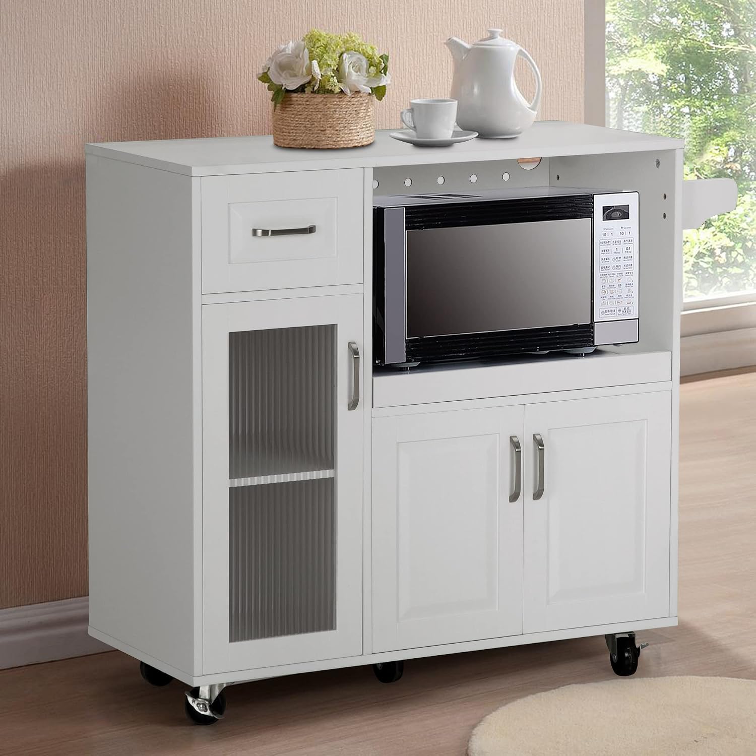 Sophia & William Kitchen Island Cart on Wheels with Extendable Tray, Adjustable Shelf and Glass Door, Mobile Kitchen Storage Islands Rolling Kitchen Trolley with Cabinets, Drawer and Towel Rack, White