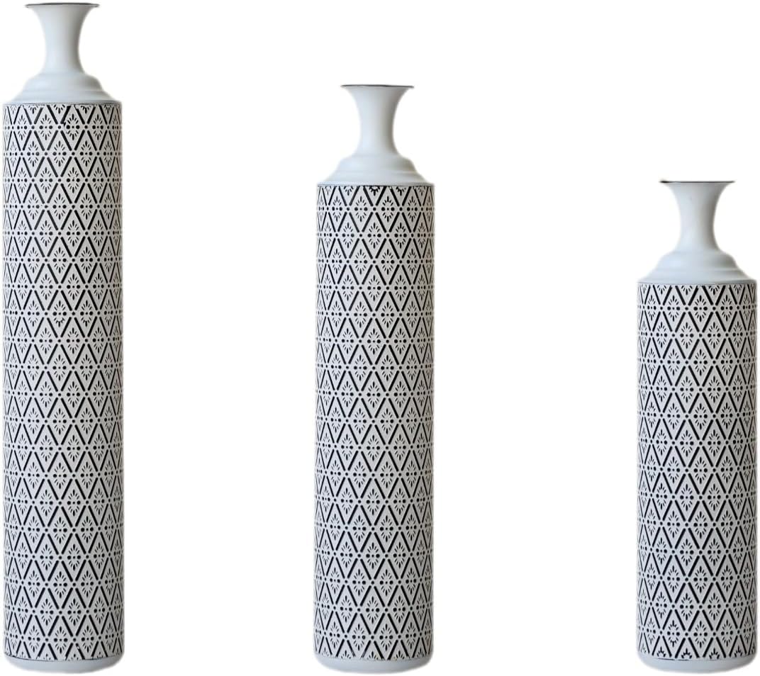 Set of 3 Gorgeous White Metal Vases - Unique Floor Decoration, Large Glazed Metal Vases at 24in, 28.7in, 33.5in for Modern Black & White Home Designs