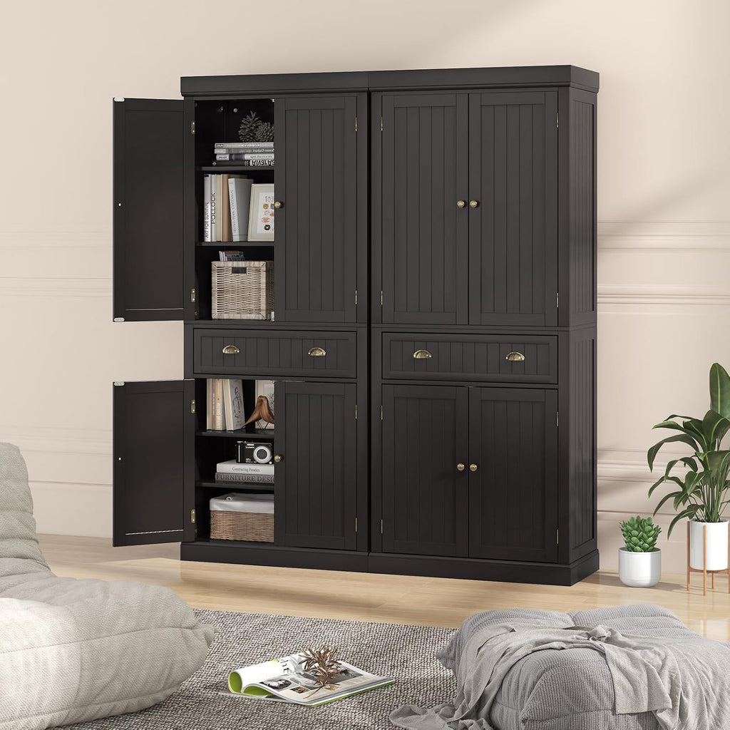 Tangkula 72' H Kitchen Pantry Cupboard Cabinet, Traditional Freestanding Large Tall Storage Cabinet with 2 Cabinets and Drawer, Adjustable Shelves, for Living Room Kitchen, 30 x 16 x 72 Inch