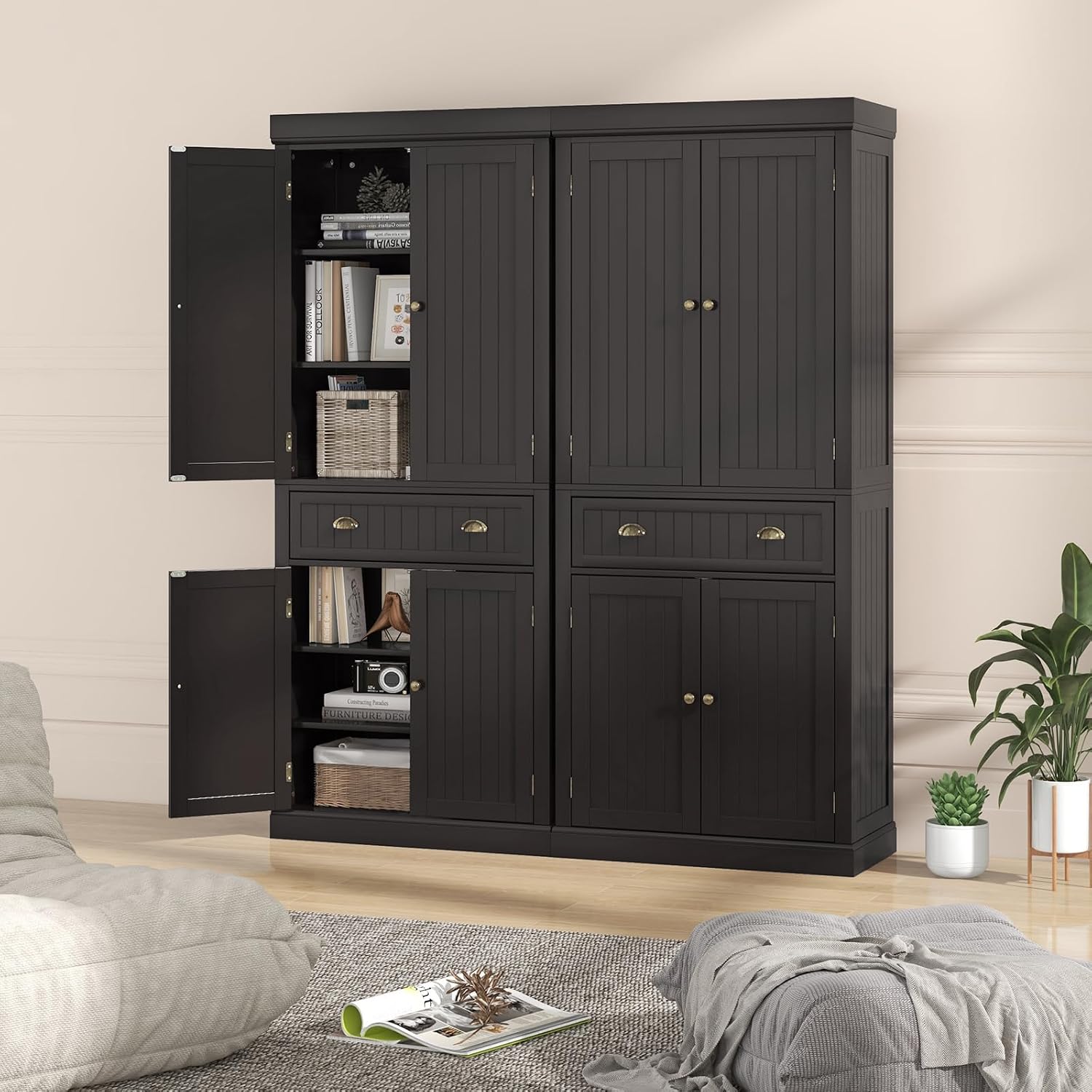 Tangkula 72' H Kitchen Pantry Cupboard Cabinet, Traditional Freestanding Large Tall Storage Cabinet with 2 Cabinets and Drawer, Adjustable Shelves, for Living Room Kitchen, 30 x 16 x 72 Inch