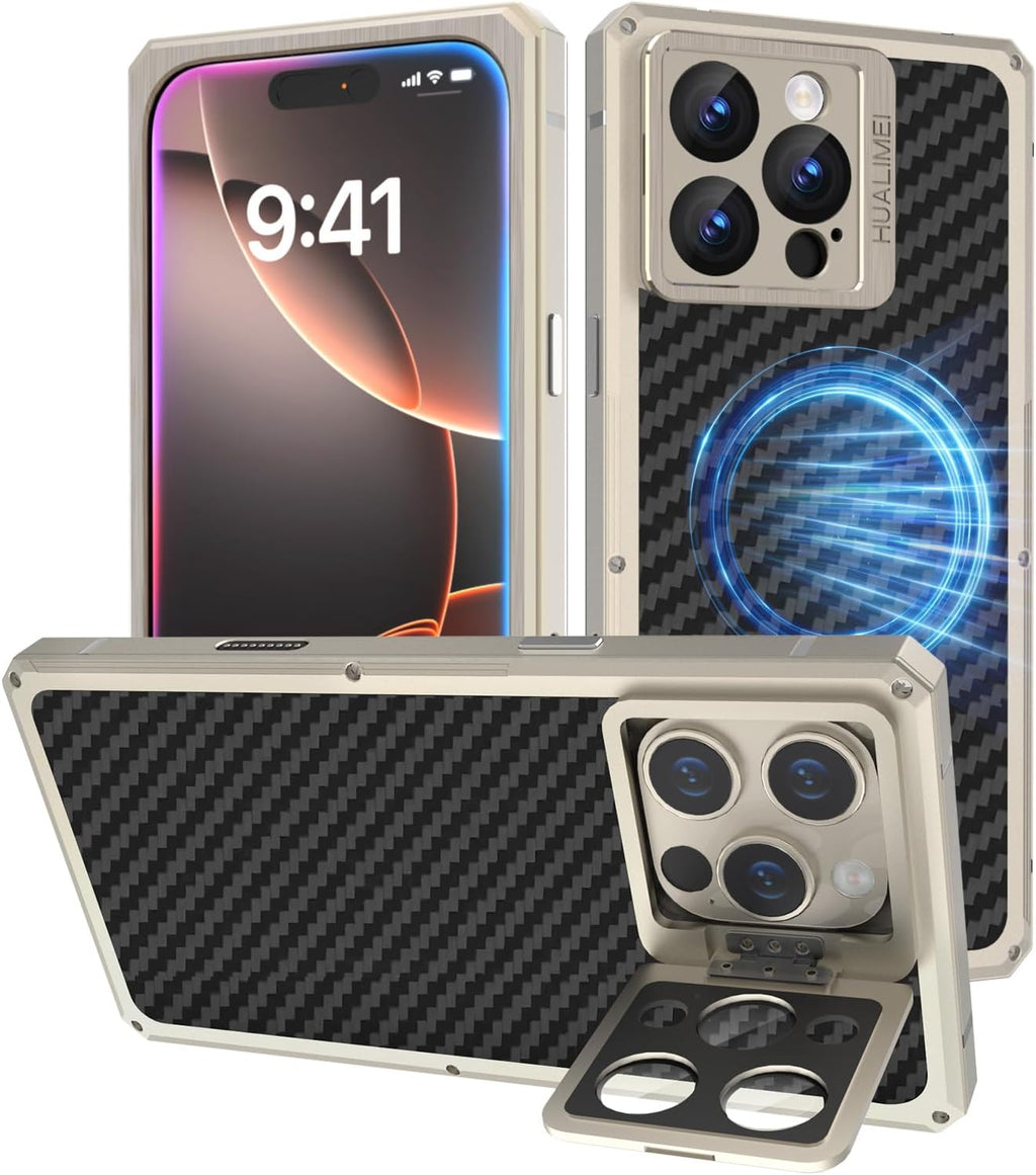 Luxury Carbon Fiber Aluminum Case for iPhone 16 Pro Max, Heavy Duty Rugged Military Protective Phone Cover with Camera Lens Protector Stand, Strong Magnetic Ring Compatible with Magsafe, Titanium