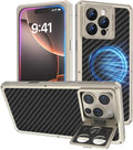 Luxury Carbon Fiber Aluminum Case for iPhone 16 Pro Max, Heavy Duty Rugged Military Protective Phone Cover with Camera Lens Protector Stand, Strong Magnetic Ring Compatible with Magsafe, Titanium
