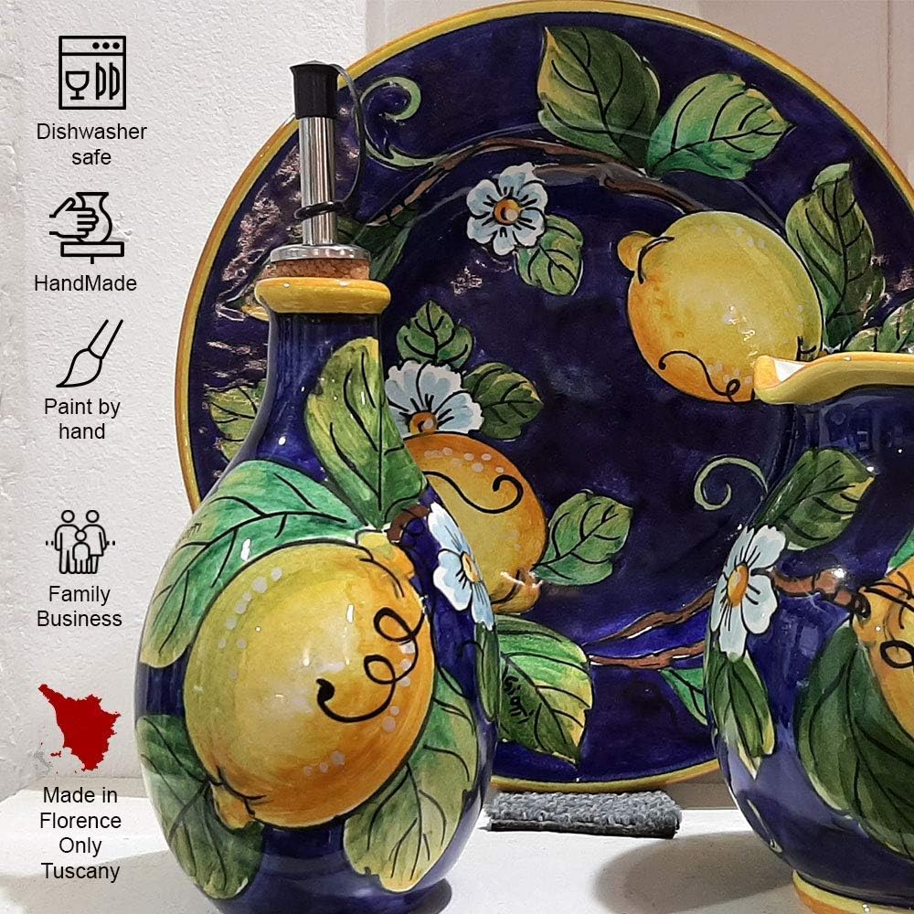 Italian Ceramic Pitcher Lemon Blue - 16 oz Hand Painted Utensil Holder Or Carafe Design for Kitchen - Made in ITALY Tuscany - Italian Pottery Vase Jar for Wine - Home Decor Ceramics Dispenser