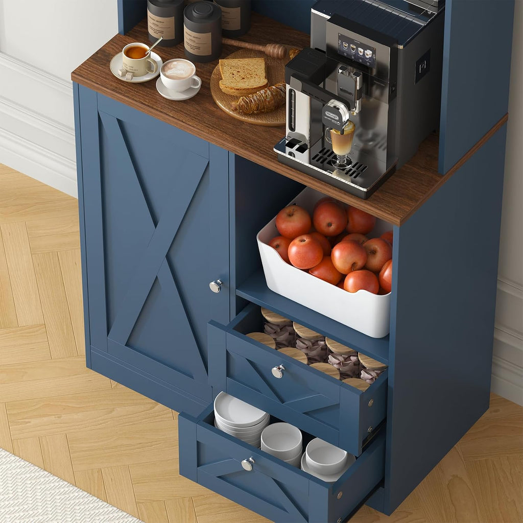 71' Tall Coffee Bar Cabinet with Storage Hutch, Farmhouse Kitchen Pantry Cabinet with LED Lights Microwave Stand and Glass Holder for Home Dining Room Kitchen (Blue)