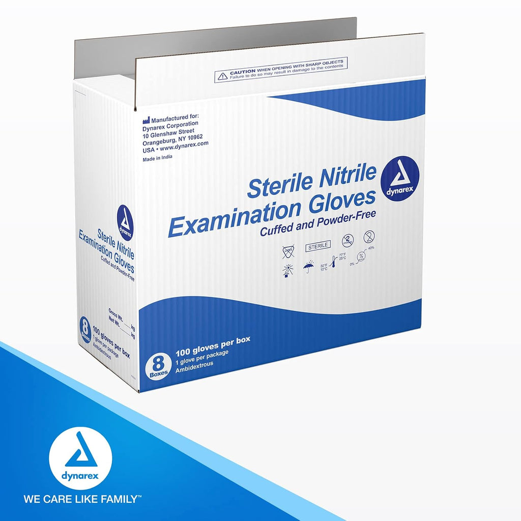 Dynarex Sterile Disposable Nitrile Exam Gloves, Powder-Free, Sterilely Individually Packaged, Textured Palms, Blue, Large, 1 Case - 8 Boxes of 100