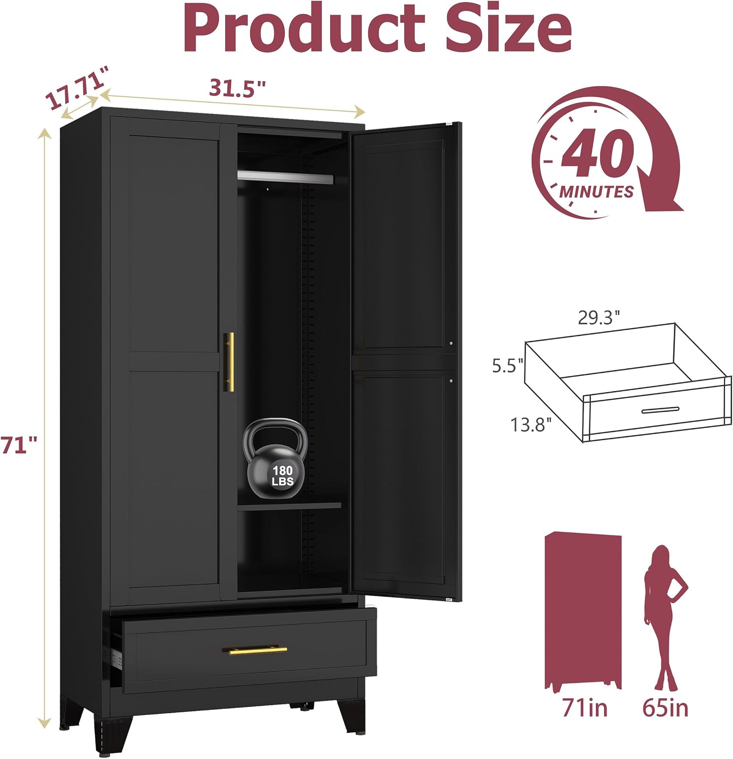 GAIOUS Steel Armoire Wardrobe Closet, 71' Household Wardrobe Cabinet with 2 Doors, 1 Adjustable Shelf and 1 Drawers, Metal Clothing Storage Cabinet with Hanging Rod for Bedroom, Cloak Room,Gym(Black)
