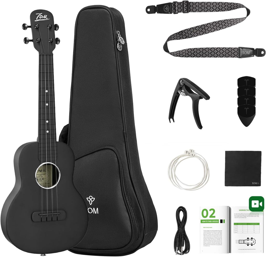 TOM 23″ Carbon Fiber Electric Ukulele – Waterproof & Travel-Ready with Built-in Pickup (Volume/Tone Control), Includes Gig Bag & Full Kit. Ideal for Outdoor, Beginners & Performers(Black EQ)