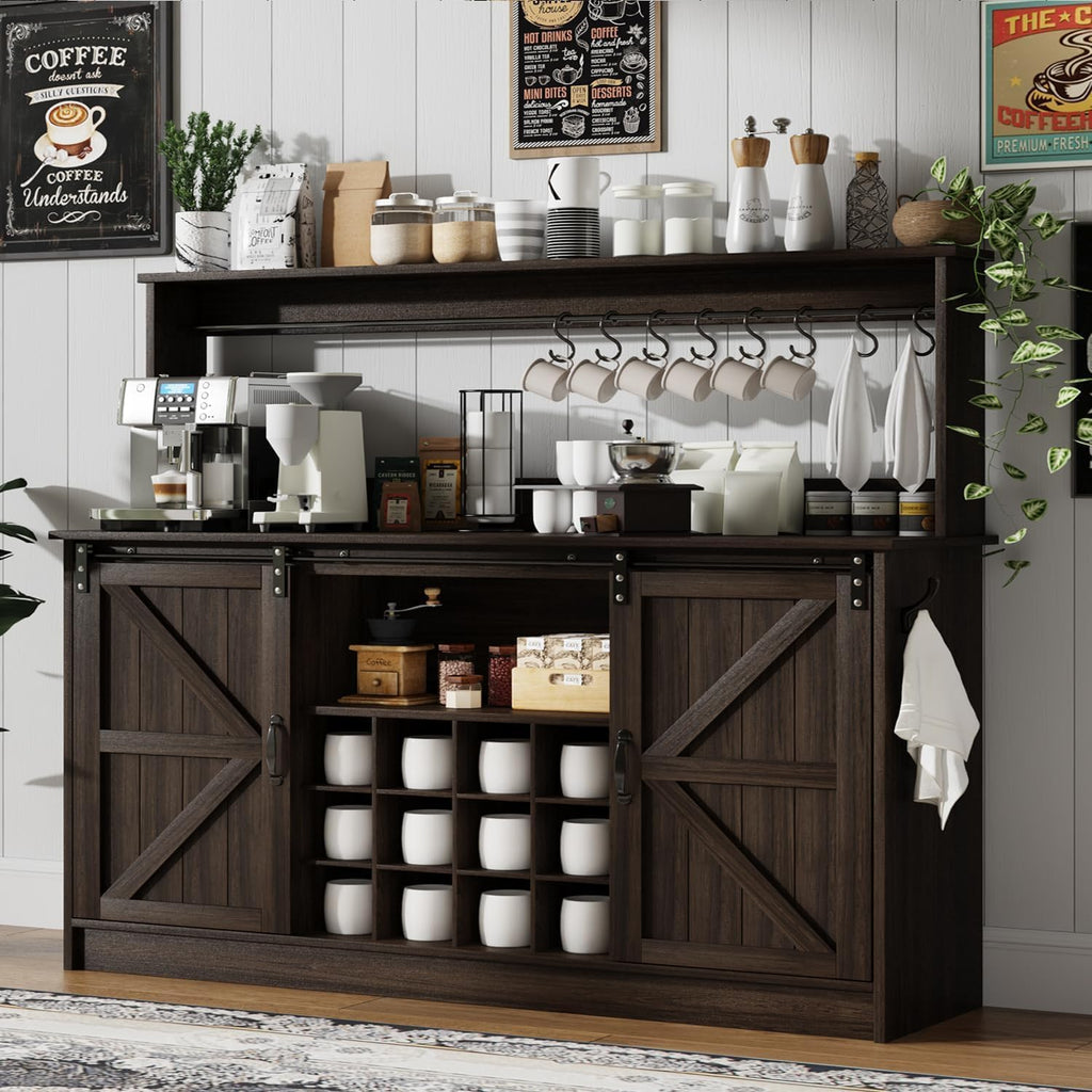 4ever2buy Farmhouse Coffee Bar Cabinet with 8 Hooks, 55' Kitchen Hutch Cabinet with Storage, Gray Coffee Bar with Sliding Barn Doors and 12 Racks for Living Dining Room, Dark Oak