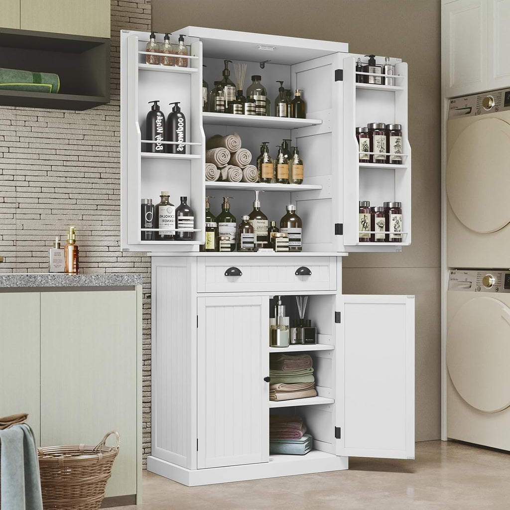 ARTPOWER 72' Pantry Storage Cabinet with Drawer, Freestanding Tall Cupboard Storage Cabinet, Utility Pantry with Door Shelves and 2 Adjustable Shelves for Kitchen, Dining Room,Living Room, White