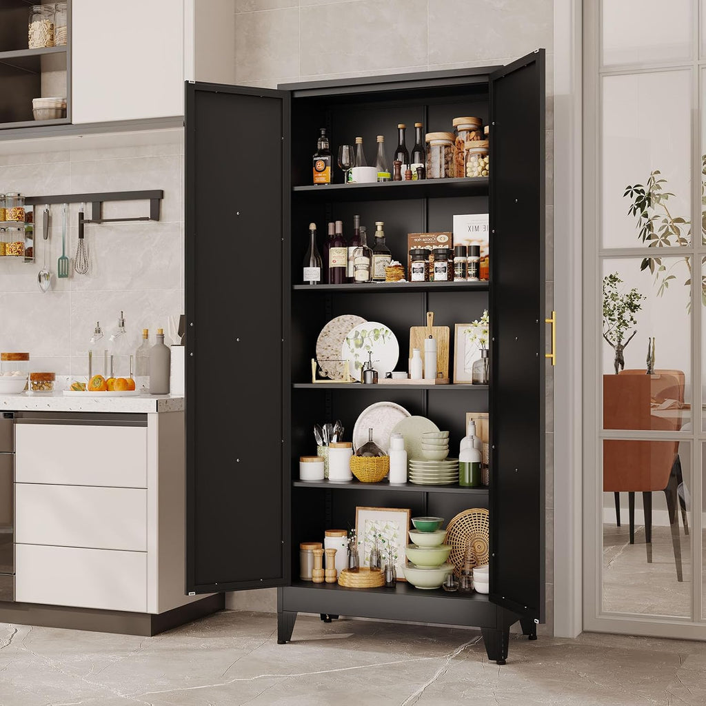 pozdeg 71' Tall Kitchen Pantry Cabinet, Metal Storage Cabinet with 2 Doors and 4 Adjustable Shelves, Black Food Pantry Cupboard for Kitchen, Dining Room, Living Room and Bathroom (Black)