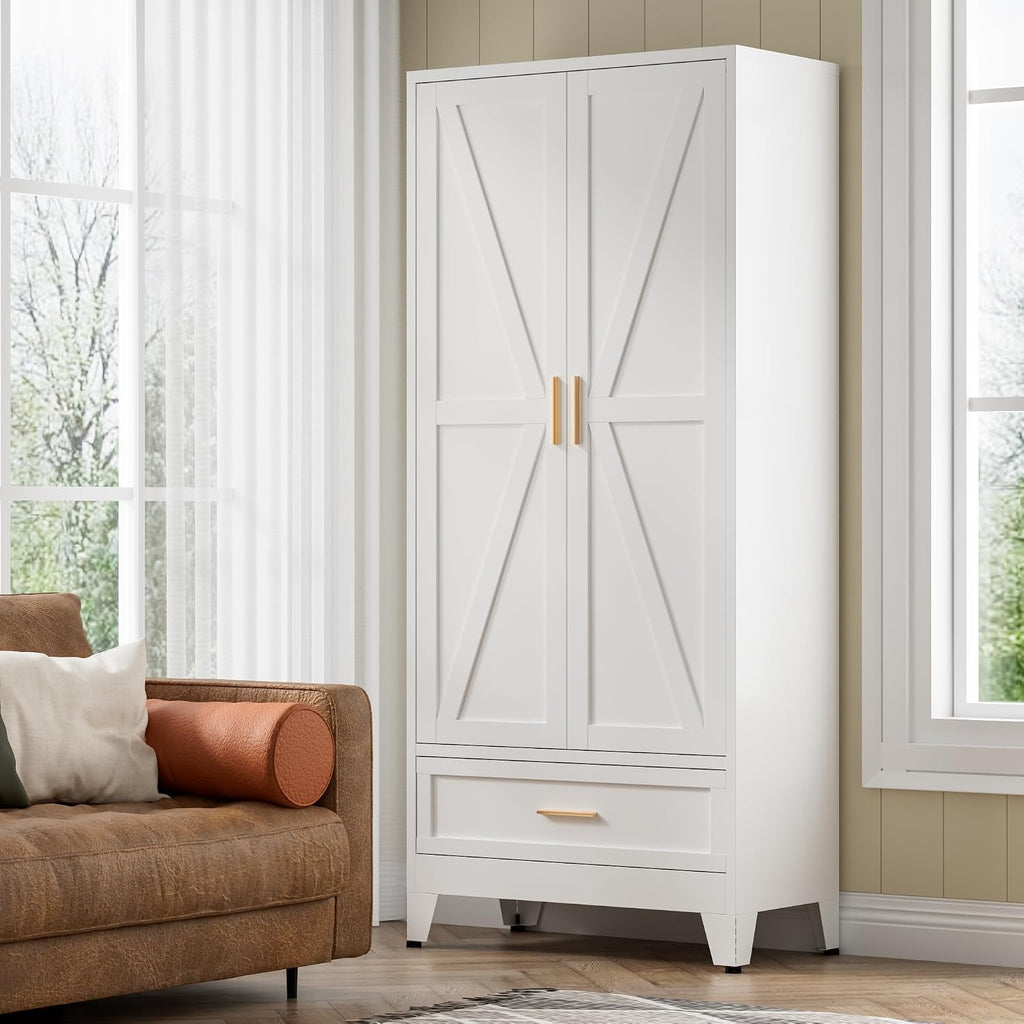 COFaR Metal Storage Cabinet, Farmhouse Storage Cabinet with 2 Doors and 4 Adjustable Shelves - 71' White Kitchen Pantry Storage 5-Tier Tall Steel Cabinets Locker for Kitchen, Living Room, Dining Room
