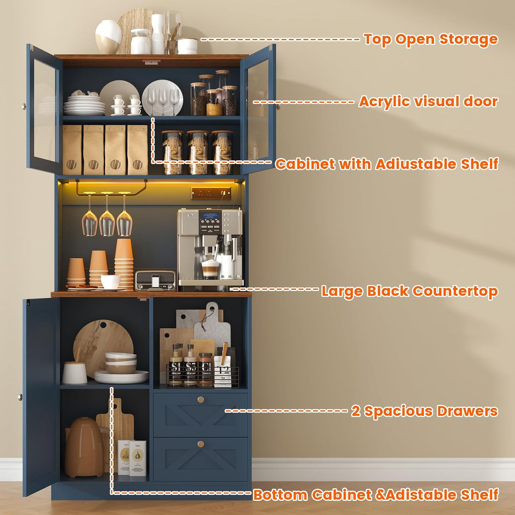 71' Tall Coffee Bar Cabinet with Storage Hutch, Farmhouse Kitchen Pantry Cabinet with LED Lights Microwave Stand and Glass Holder for Home Dining Room Kitchen (Blue)