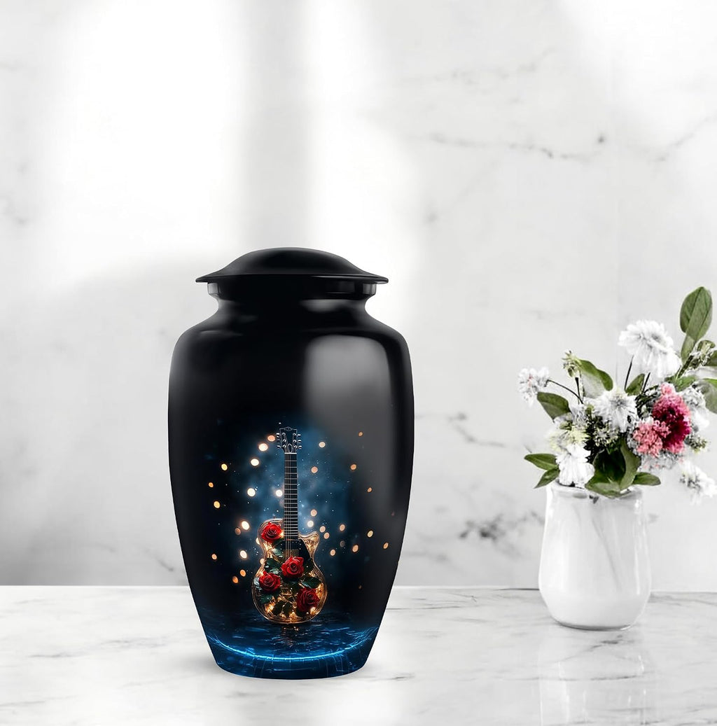 Guitar Urn - Unique Urns - Decorative Memorial - Small Cremation Urns for Human Ashes - Mom & Dad Urn - Hand Engraved - Combo of 10 Inch & 3 Inch