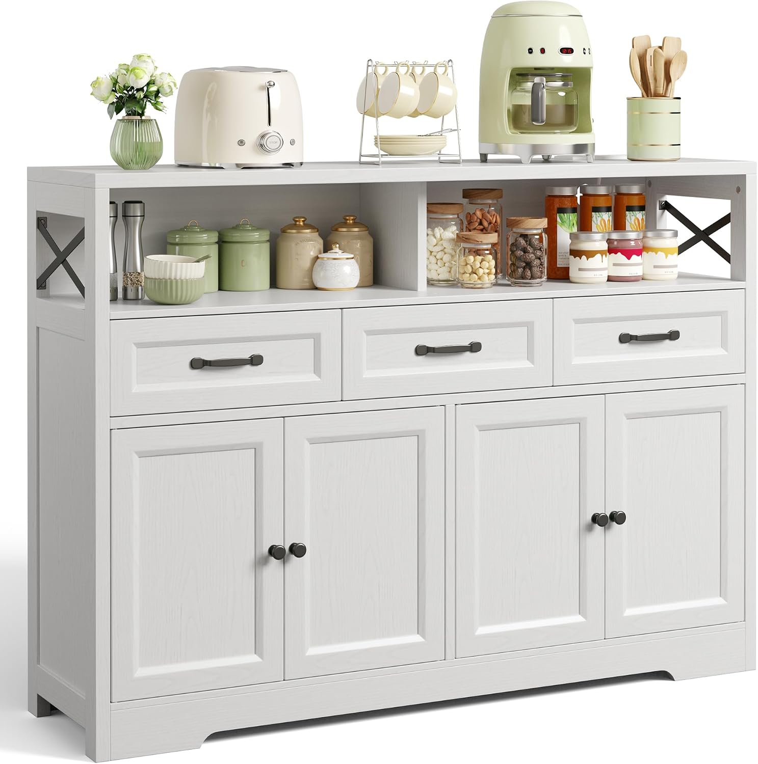 Ahomly 51' Buffet Cabinet with Adjustable Storage, Charging Port - 3 Drawers & 4 Doors Large Sideboard, Multi - Scene Coffee Bar/Microwave Stand for Kitchen,Living Room,Entryway（White）