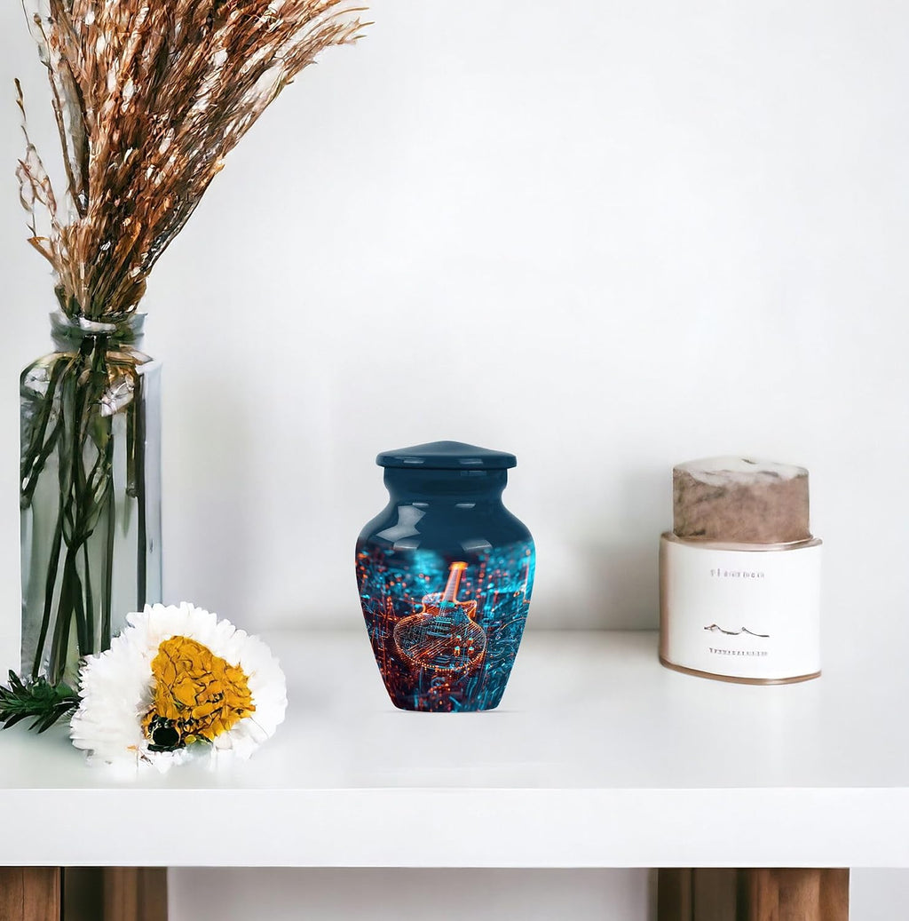 Guitar Urn - Memorial Urns - Cremation Urns -Metal Urns - Combo of 1 Large Urn with Velvet Bag and 4 Small - Urns for Human Ashes Small Keepsake & Large - Urns for Men & Women