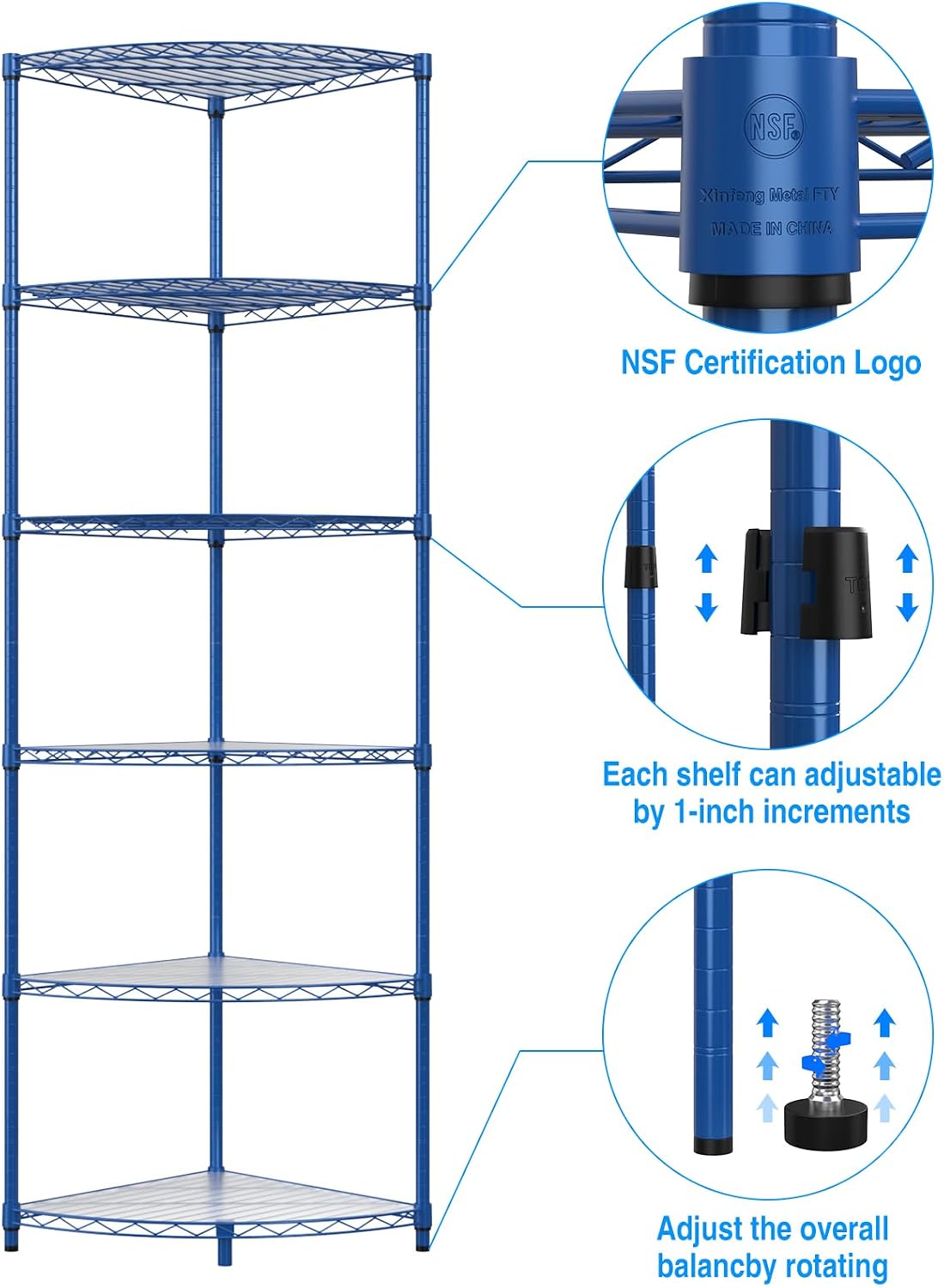 6 Tier NSF Corner Wire Shelf Shelving Unit, 18 x 18 x 72 Inch 420lbs Capacity Heavy Duty Adjustable Metal Storage Rack with Leveling Feet & Shelf Liners for Office Kitchen Bathroom and More - Blue