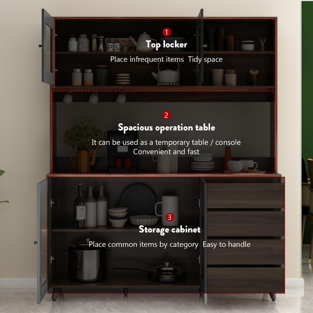 FUFU&GAGA 74.8' Tall Kitchen Pantry Cabinet with 4 Drawers, 4 Doors & Microwave Stand, Freestanding Hutch Cabinet with Buffet Cupboard for Kitchen, Dinningroom, Black and Brown