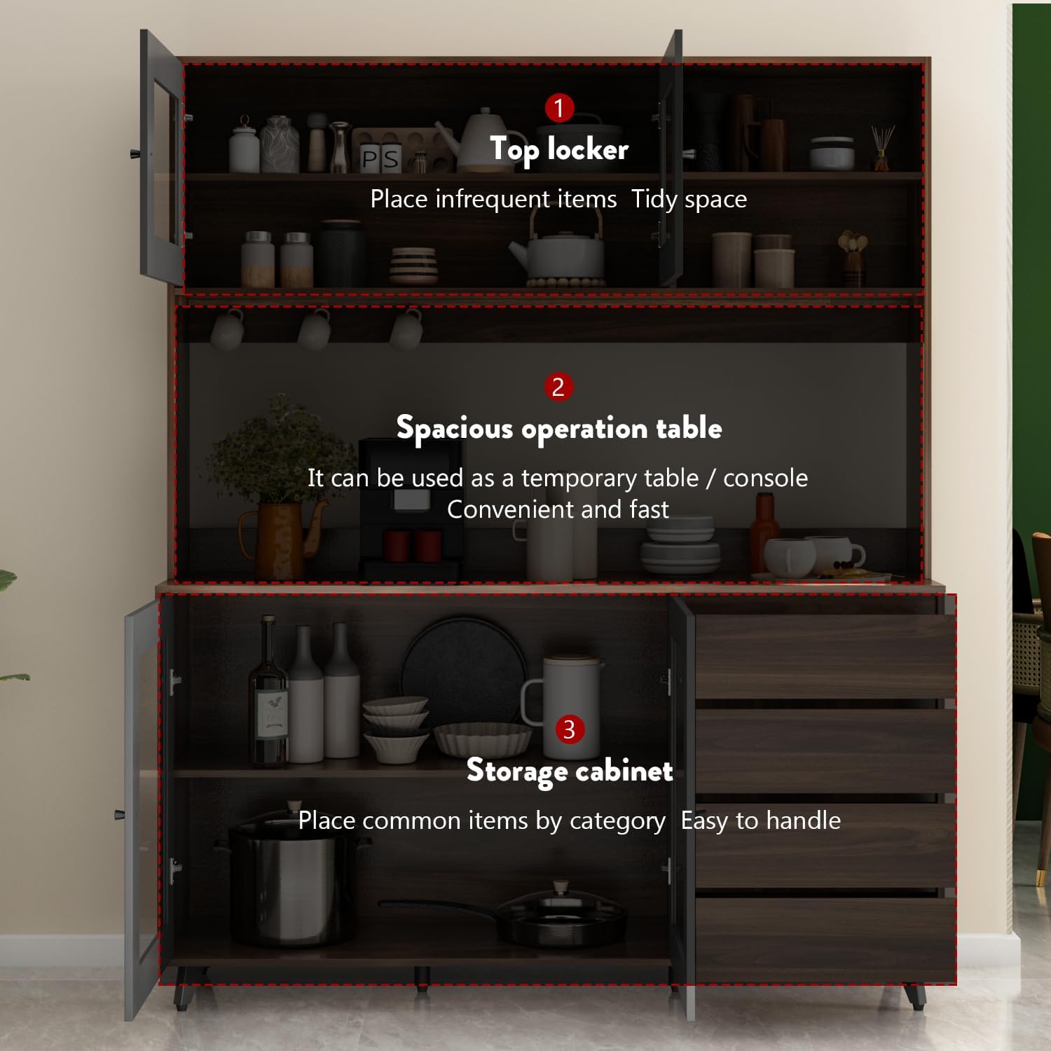 FUFU&GAGA 74.8' Tall Kitchen Pantry Cabinet with 4 Drawers, 4 Doors & Microwave Stand, Freestanding Hutch Cabinet with Buffet Cupboard for Kitchen, Dinningroom, Black and Brown
