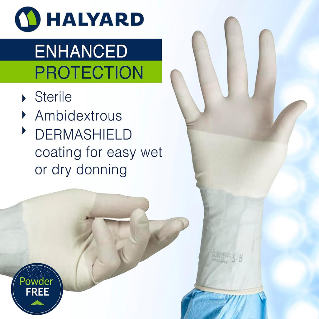 HALYARD SENSI-GUARD Micro Surgical Gloves Polyisoprene Sterile Individually Wrapped Pairs Powder Free Medical Disposable Gloves, 7.8 mil, Size 8.5 Large, White, SGL91085 (Box of 50 Pairs - 100 Total)
