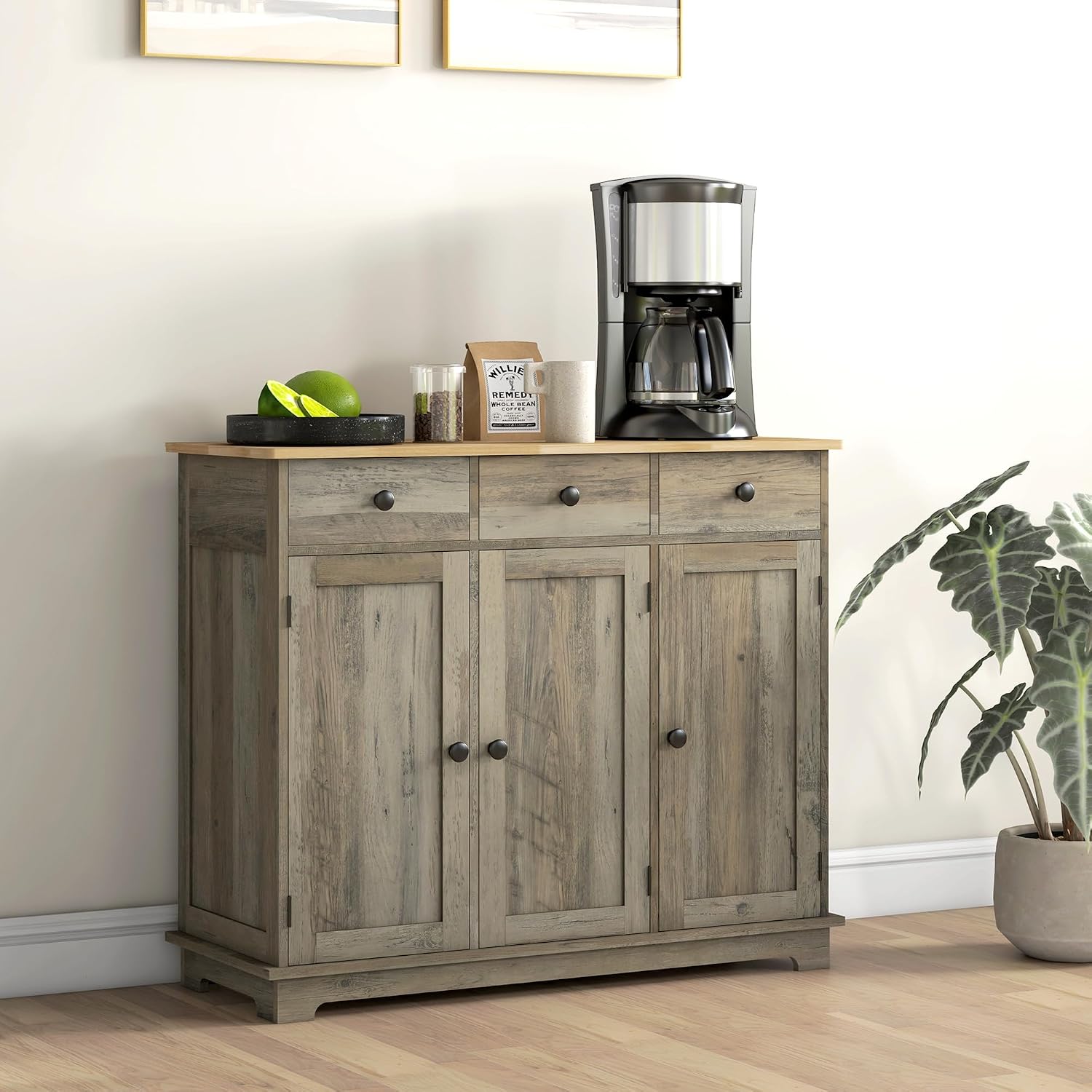 40' Solid Wood Top Freestanding Storage Cabinet, Kitchen Storage Bakers Rack with Drawers, Utility Food Cupboard with Adjustable Shelf for Dining Room Entryway, Gray