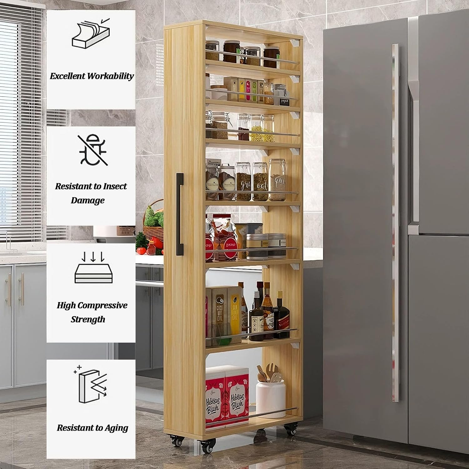 7 Tier Slim Storage Cart,Rolling Spice Rack Next to Fridge Slim,Kitchen Rolling Cart,Narrow Storage Cabinet, Wood Storage Organizer,for Kitchen,Bakers,Black,W7.9×D17.7×H72.4