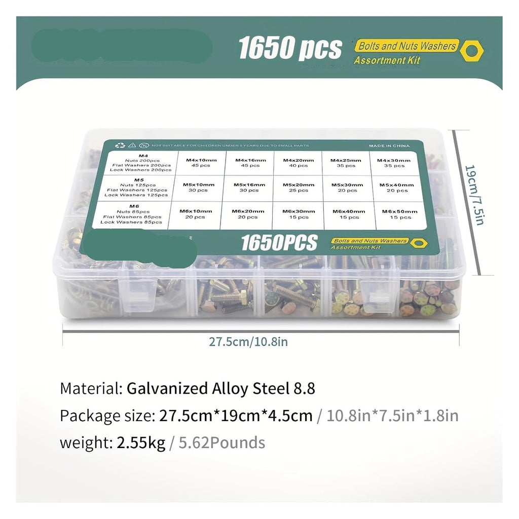 246/596/730/1650 Pieces of M4 M5 M6 M8 M10 Bolt and Nut Classification Kit Grade 8. Alloy Steel Hexagon Screw Washer(1650PCS-M4M5M6)
