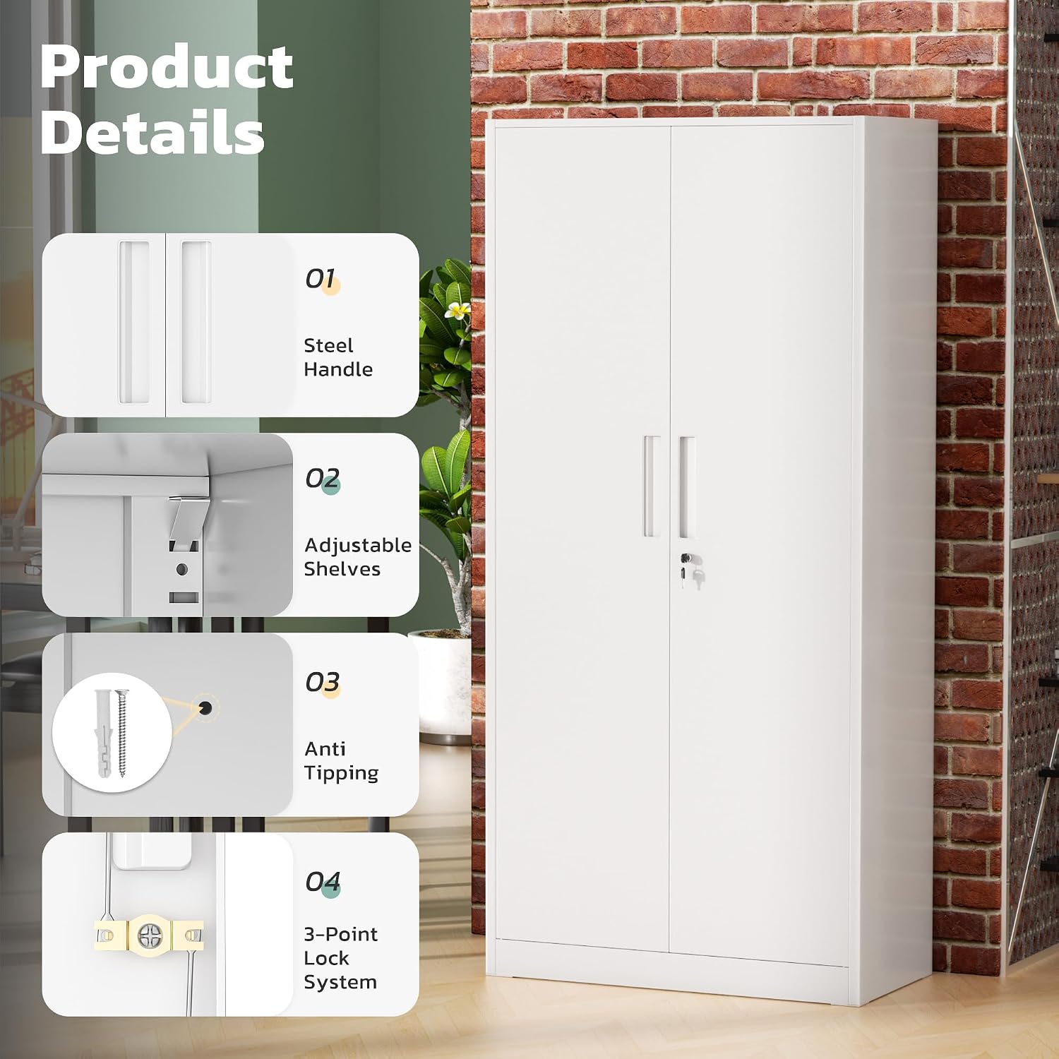 Greenvelly Metal Lockable Storage Cabinet, 72' Storage Cabinet with 2 Doors and 4 Adjustable Shelves for Office, Home, Garage, Pantry (Assembly Required, White)