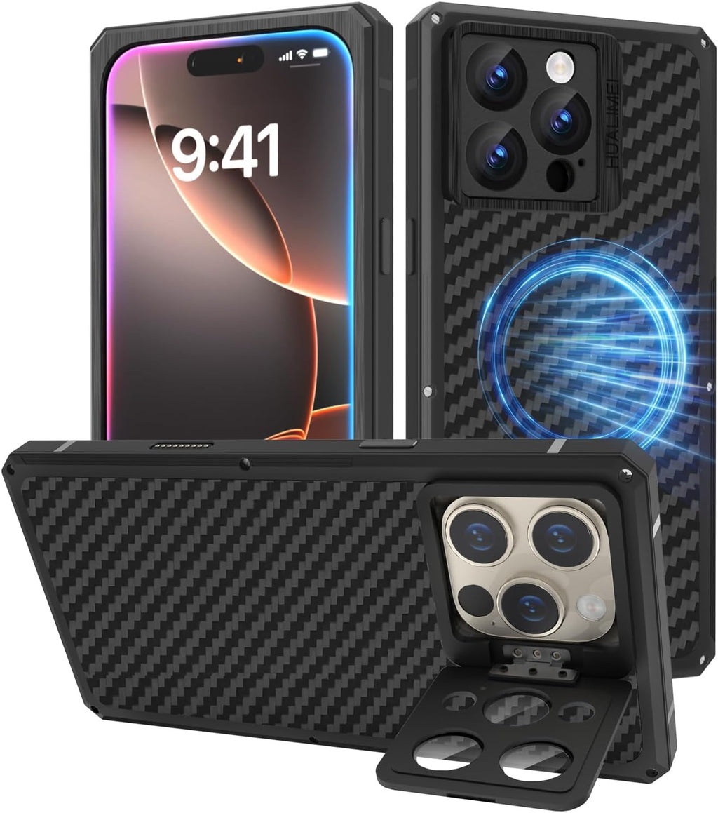 Luxury Carbon Fiber Aluminum Case for iPhone 16 Pro Max, Heavy Duty Rugged Military Protective Phone Cover with Camera Lens Protector Stand, Strong Magnetic Ring Compatible with Magsafe, Black