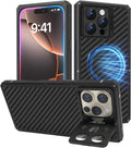 Luxury Carbon Fiber Aluminum Case for iPhone 16 Pro Max, Heavy Duty Rugged Military Protective Phone Cover with Camera Lens Protector Stand, Strong Magnetic Ring Compatible with Magsafe, Black