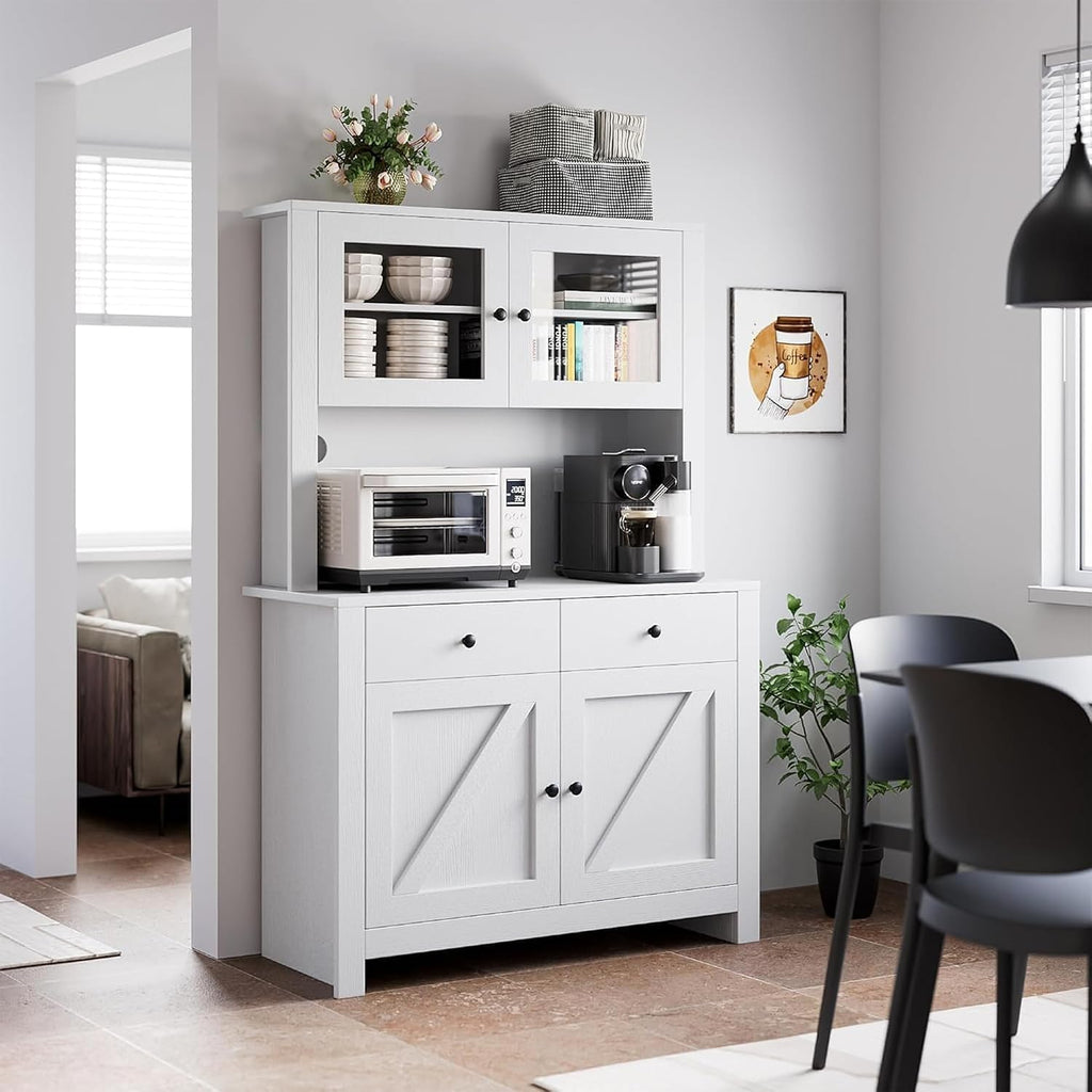 IDEALHOUSE 63' Kitchen Pantry Cabinet with Drawers, Hutch Cabinet with Storage, Microwave Stand, Adjustable Shelves, Freestanding Tall Pantry Storage for Dining Room, Living Room, White