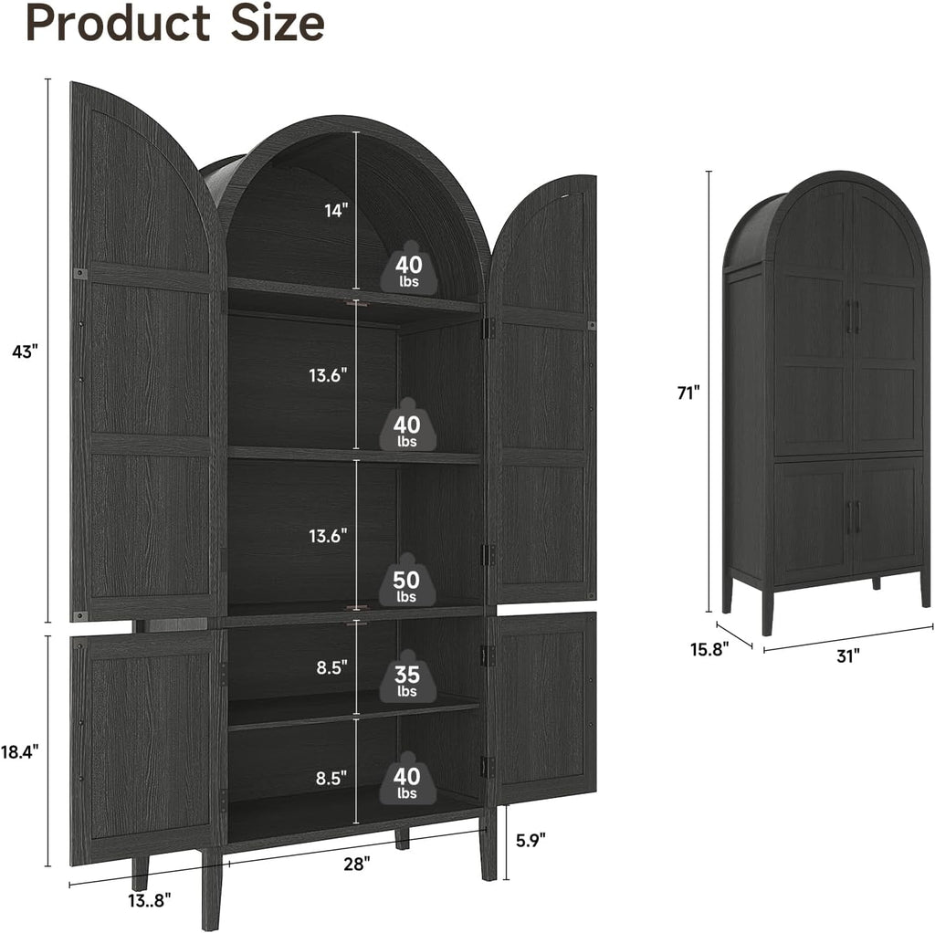 ONBRILL 71' Tall Wooden Arched Cabinet, 5-Tier Arched Kitchen Pantry Cabinet with Doors & Shelves, Farmhouse Kitchen Arch Cabinets with Adjustable Feet, Wooden Pantry Storage for Dining Room(Black)