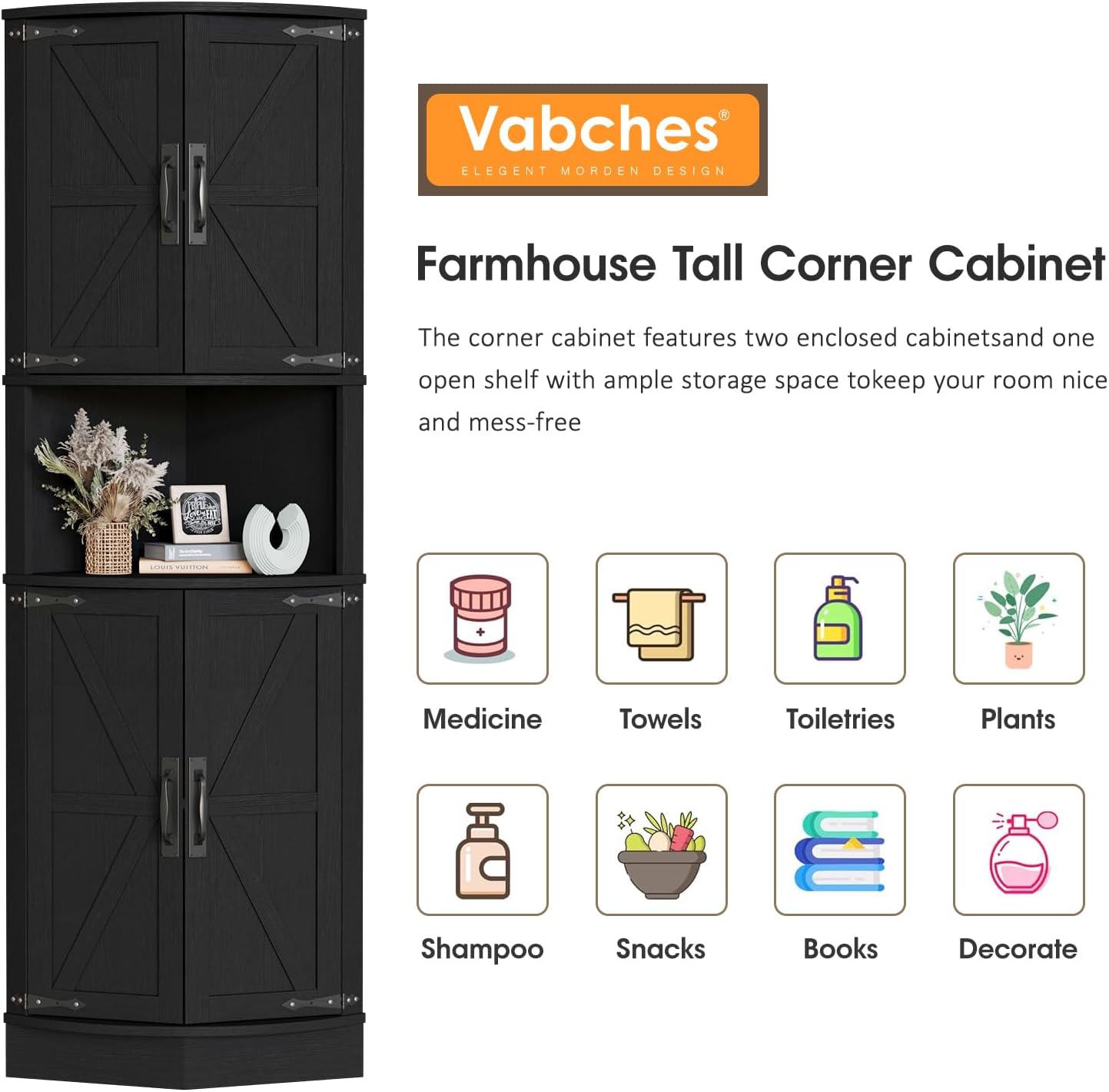Vabches 64.8' Tall Farmhouse Corner Cabinet with 4 Doors and 5 Storage Shelves, Farmhouse Storage Cabinet with Barn Door Design, Home Space Saver for Living Room, Kitchen, Laundry Room,Black
