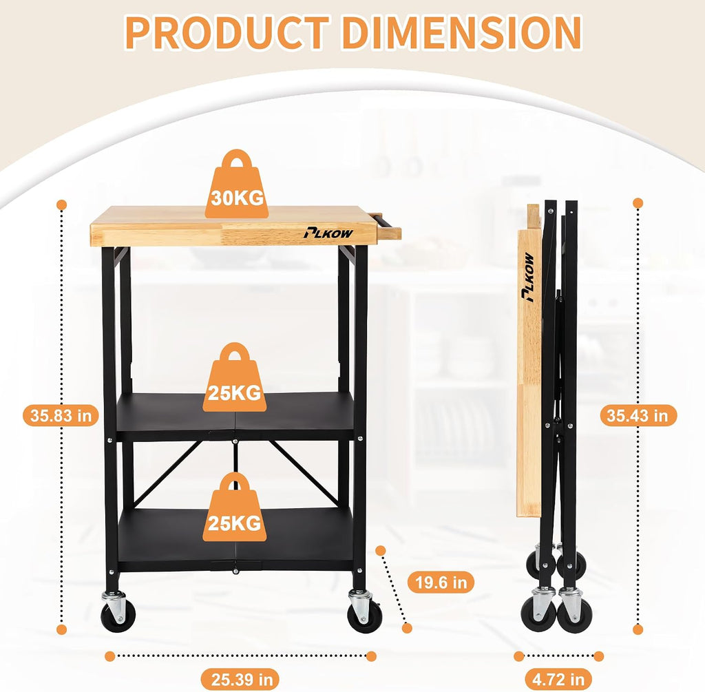 PLKOW Foldable Kitchen Cart with Solild Oak Wood Top, Rolling Kitchen Island on Wheels, 3-Tier Storage Utility Cart for Microwave, Toaster Oven, Small Spaces