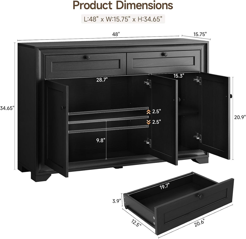 ONBRILL 48 Inches Sideboard Buffet Cabinet with Storage, Farmhouse Sideboard with 2 Drawers and 3 Doors, Wood Coffee Bar Cabinet with Adjustable Shelves for Living Room, Kitchen, Hallway, Black