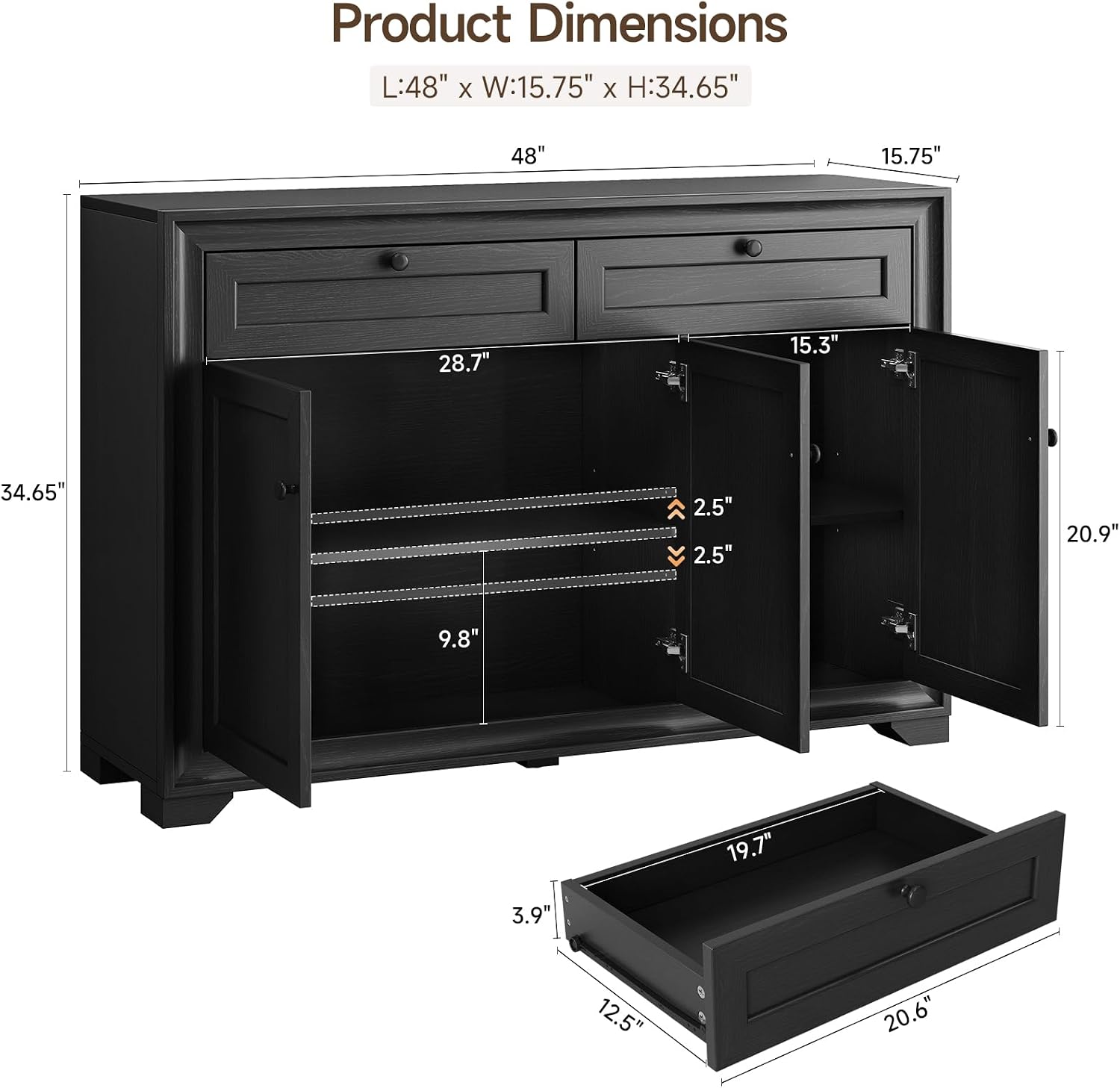 ONBRILL 48 Inches Sideboard Buffet Cabinet with Storage, Farmhouse Sideboard with 2 Drawers and 3 Doors, Wood Coffee Bar Cabinet with Adjustable Shelves for Living Room, Kitchen, Hallway, Black