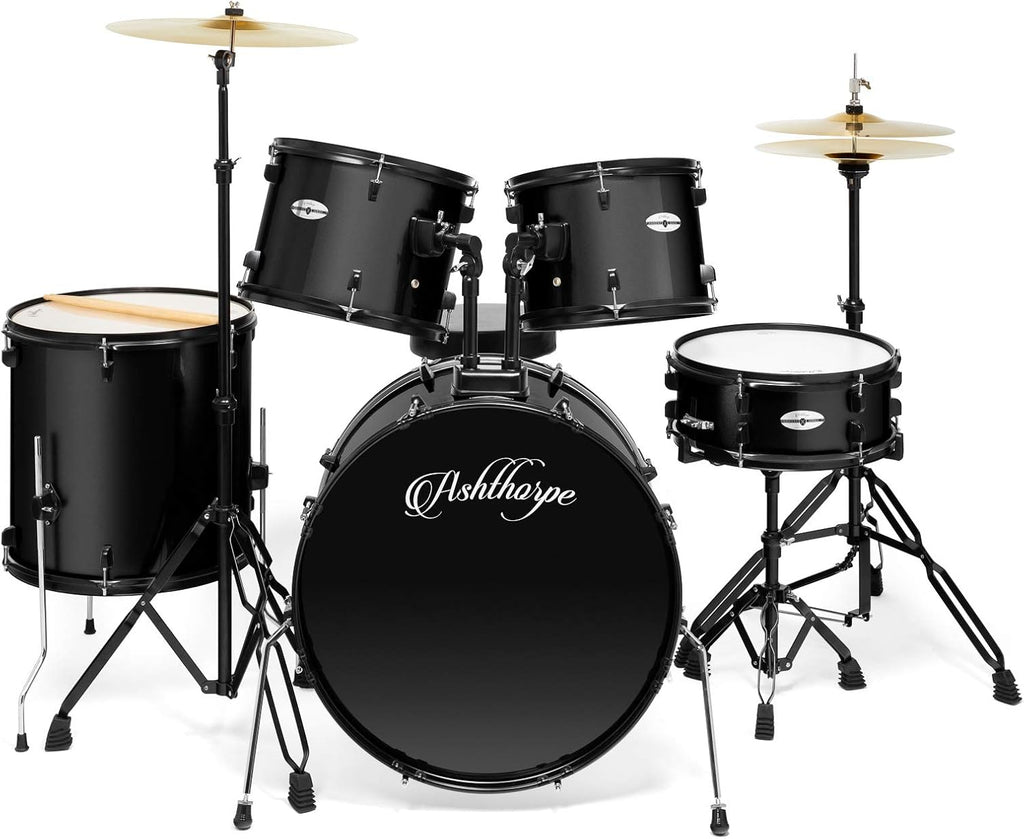Ashthorpe 5-Piece Complete Full Size Adult Drum Set with Remo Batter Heads - Black