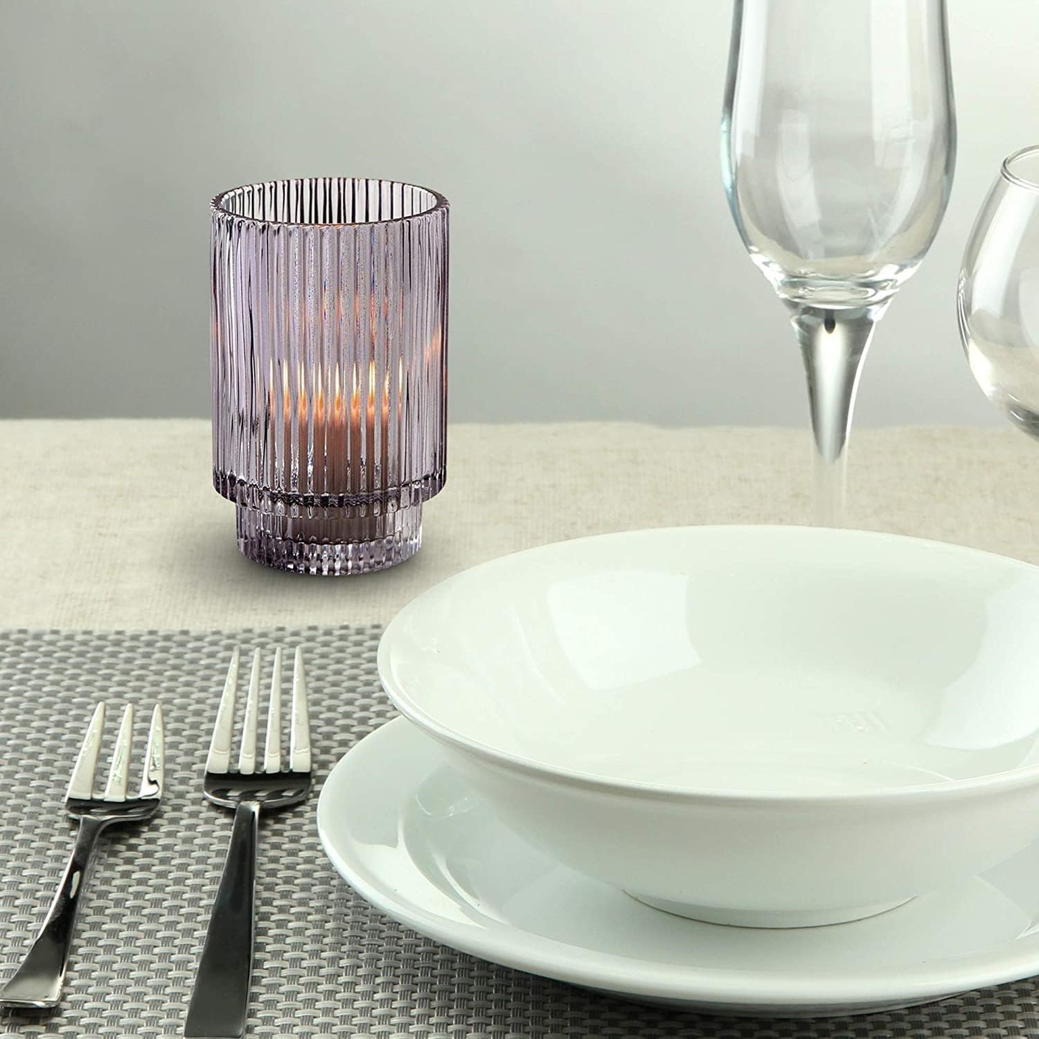 Serene Spaces Living 5in Smoke Ribbed Glass Votive Holder, Decorative Centerpiece for Wedding, Christmas, Thanksgiving, Dining Table, Living Room, Home Décor, 3.25' Diameter & 5' Tall, Pack of 24