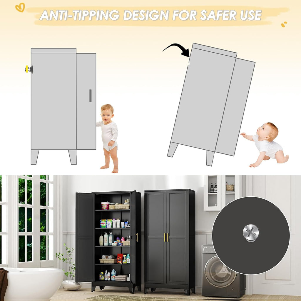 GAIOUS 71' Tall Metal Storage Cabinet with 2 Doors and 4 Adjustable Shelves, Kitchen Pantry Cabinet Black Freestanding Cupboard, 5 Tier Multifunctional Steel Storage for Office, Kitchen, Dining Room