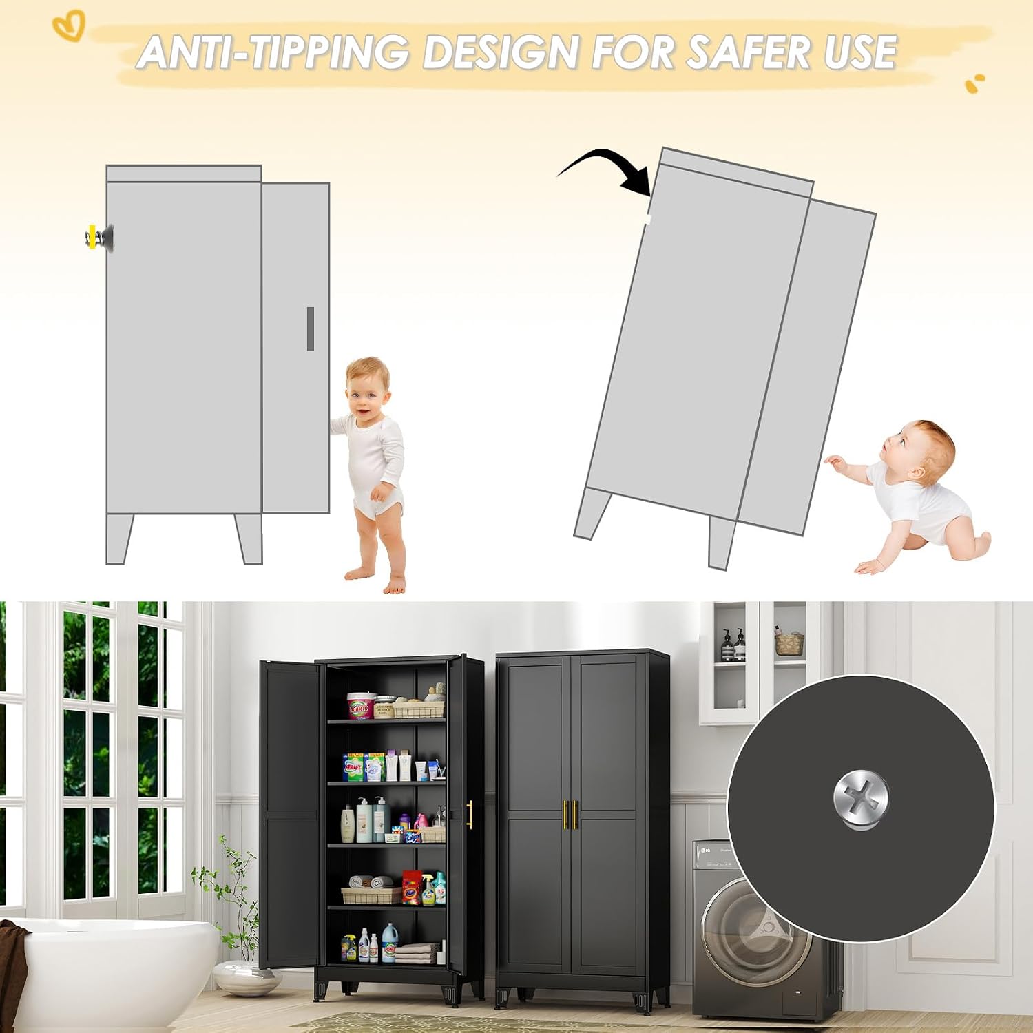 GAIOUS 71' Tall Metal Storage Cabinet with 2 Doors and 4 Adjustable Shelves, Kitchen Pantry Cabinet Black Freestanding Cupboard, 5 Tier Multifunctional Steel Storage for Office, Kitchen, Dining Room