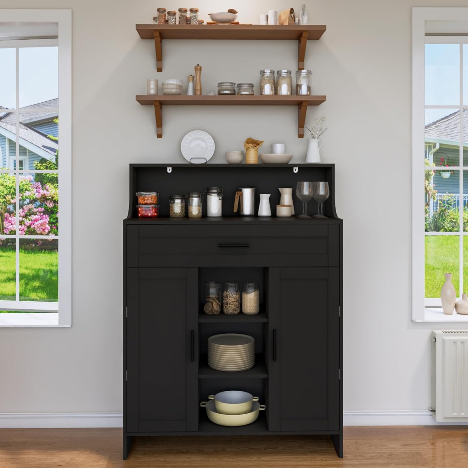 Viaozutis Storage Cabinet with Doors and Drawers, Kitchen Storage Cabinet with 1 Large Drawer,2 Doors,and 2 Adjustable Shelves,for Bathroom/Kitchen/Living Room/Entrance Hall (Black)