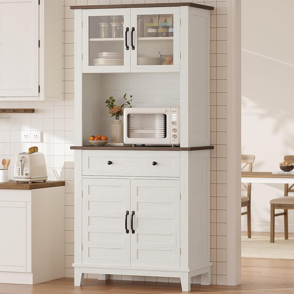 GarveeHome 72' Kitchen Pantry Storage Cabinet, Kitchen Hutch Cabinet with Storage, Microwave Stand with Drawers & Glass Doors, Pantry cabinets for Kitchen, Dining Room, Living Room, Light White